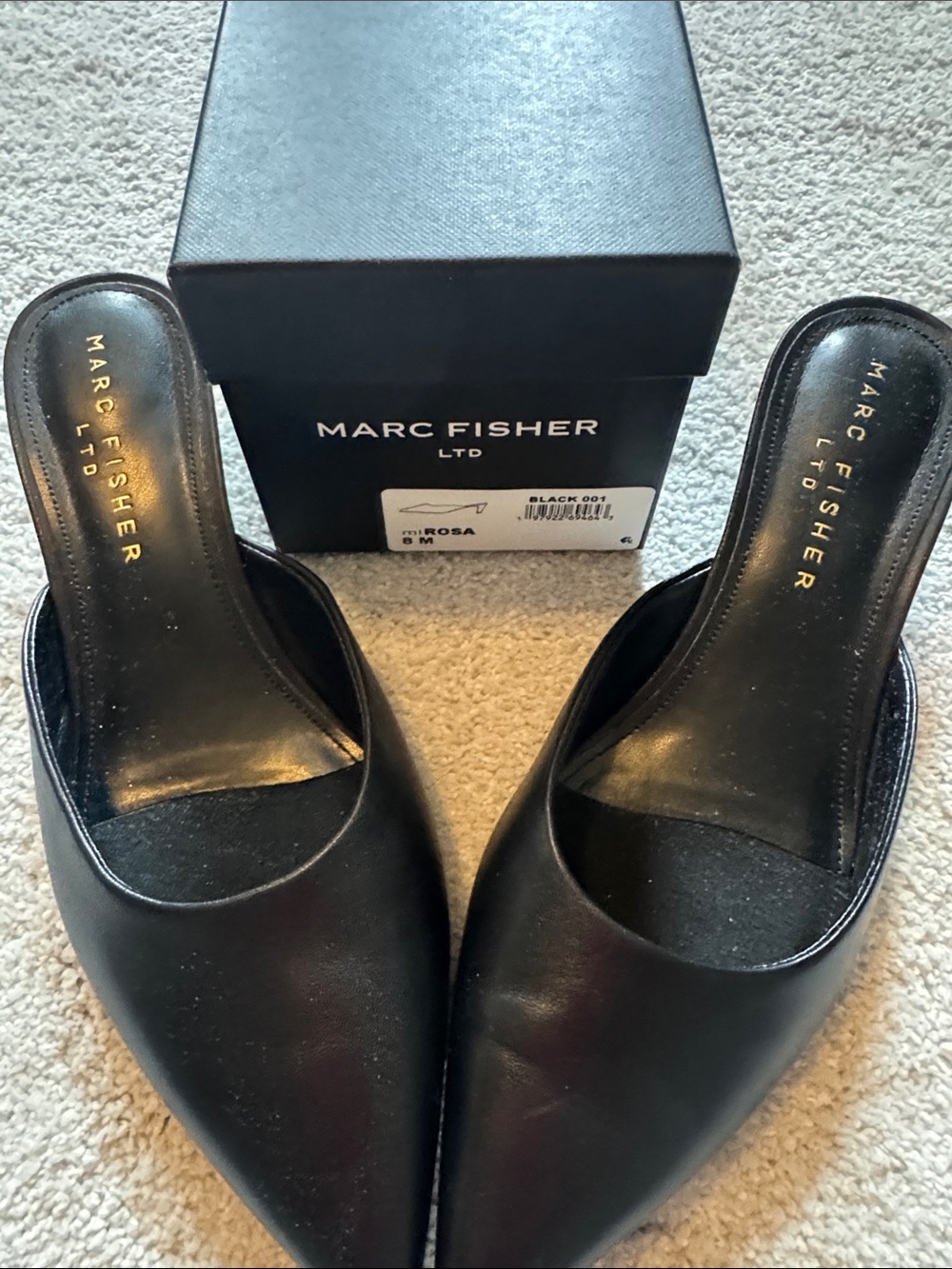 Marc Fisher Black Pointed Leather Mules
